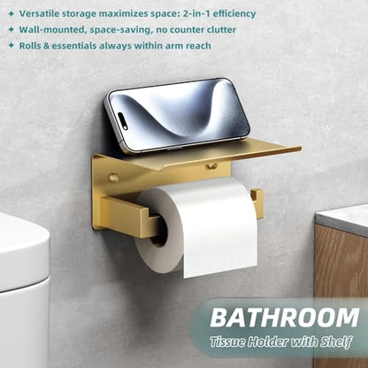 APLusee Brushed Dark Gold Toilet Paper Holder with Shelf, Wall Mounted - color: Brushed Dark Gold, size: Single Rod