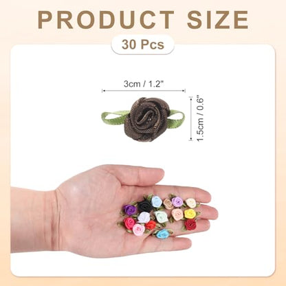 MECCANIXITY 30 Pcs Coffee Color Mini Ribbon Bows Roses 5/8" x1-3/16 Tiny Satin Bows Roses for Sewing Appliques Crafts Little Artificial Flowers - color: Coffee Color