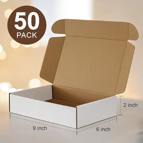 50 Pack 9x6x2 Inches Shipping Boxes, Corrugated Cardboard Mailing Box, Small White Gift Box Mailers, Packaging Boxes for Business Present, Moving and Storage - size: 50 Pack 9x6x2 Inches
