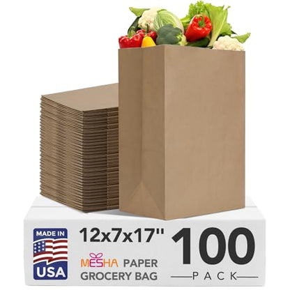 MESHA Paper Grocery Bags 12 x 7 x 17 Inches 100 Pack Bulk 60 Lbs Basis - size: 12"x7"x17" 100PACK