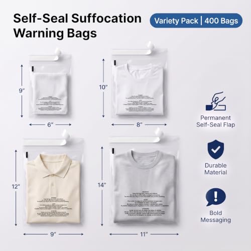 Poly Bag Bundle Combo Pack of 400-6X9, 8X10, 9X12, 11X14 Self Seal - size: Bundle