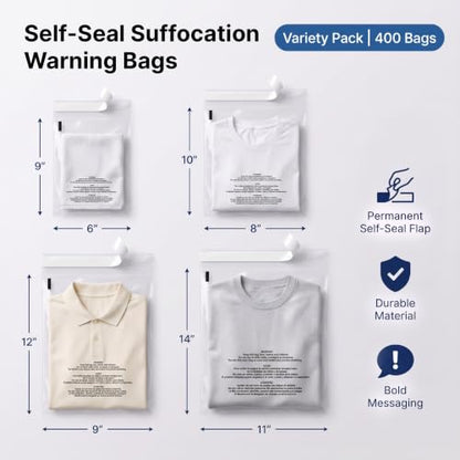 Poly Bag Bundle Combo Pack of 400-6X9, 8X10, 9X12, 11X14 Self Seal - size: Bundle