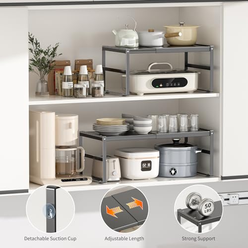 Expandable Kitchen Organizer Shelf, Cabinet Countertop Shelves - color: Black