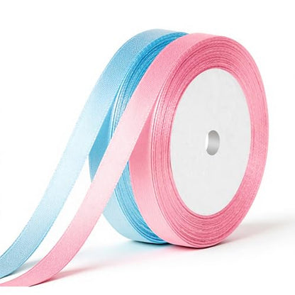 2 Rolls Pink and Blue Ribbon, Light Blue Ribbon, Pink Ribbons for Gift Wrapping Light Double Faced Satin Ribbons, Fabric for Flowers, DIY Crafts, Birthday Cakes, Holiday Decorations