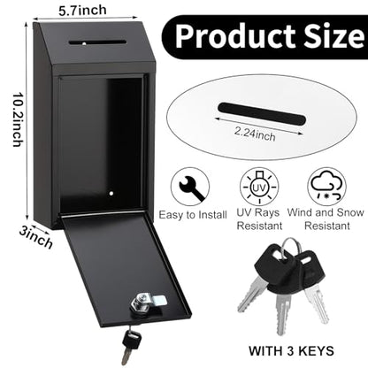 Metal Donation Box with Lock Money Cash Drop Box with Slot, Wall Mount Suggestion Box Collection Box Ballot Box for Home Office Outdoor Farm Stand, 10.2 x 5.7 x 3 in - color: Black