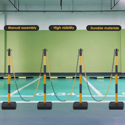 4 Pack Portable Work Zone Chain Post Set, Premium Crowd Control Stanchion Set, 3 x 20' Ft Plastic Chains, 4 x 40" inch Traffic Delineator Post Cones with Water Fillable Base (Gold Black)