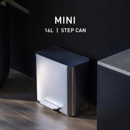 simplehuman Mini Step Can, 16L / 4.3 Gallon Trash Can for Home Offices, Hotel Rooms, Bedrooms, Liner Pocket®, Sleek Internal Hinge, 150,000-Step Pedal, Lid Shox® Silent Close, Brushed Stainless Steel - color: Brushed, size: 16L Step Can