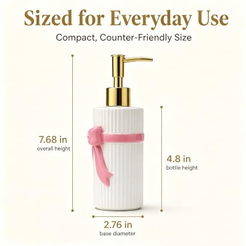 Ceramic Pink Bow Soap Dispenser, Cute Coquette Pump Dispenser, Refillable Hand Lotion Bottle, Preppy Accessories for Bathroom Kitchen Decor