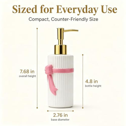 Ceramic Pink Bow Soap Dispenser, Cute Coquette Pump Dispenser, Refillable Hand Lotion Bottle, Preppy Accessories for Bathroom Kitchen Decor