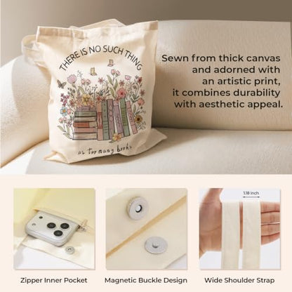 Cute Canvas Tote Bag for Women, Book Totebag with Zipper Pocket - color: Books and Flowers