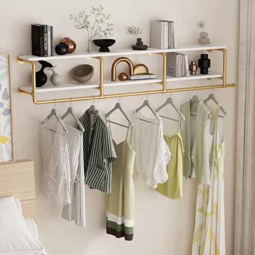 ORSENIGO Industrial Pipe Clothing Rack with Shelves, Gold Wall Mounted Clothes Rack for Home Retail - size: 63 x 9.84 x 9.65