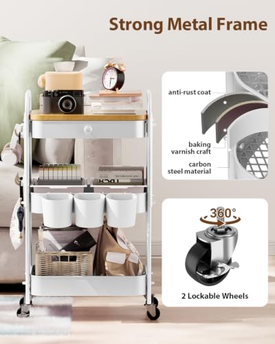 ALVOROG 3 Tier Metal Rolling Cart with Drawer,Wood Top,Pegboards,White - color: White
