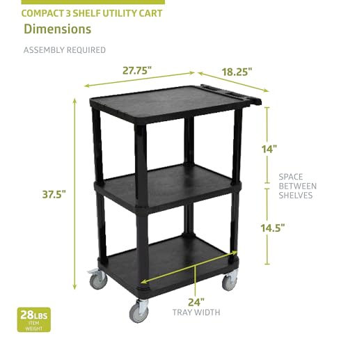 Pearington 3-Tier Compact Multi-Purpose Plastic Utility Cart with Lockable Wheels up to 300LBS, Black - size: 3 Shelves