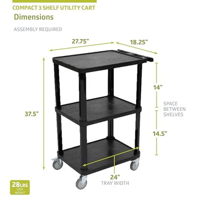 Pearington 3-Tier Compact Multi-Purpose Plastic Utility Cart with Lockable Wheels up to 300LBS, Black - size: 3 Shelves