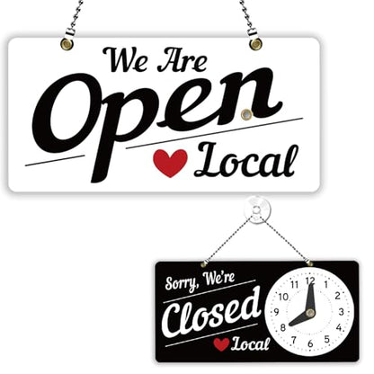 PLIGREAT Classic Open Closed Sign Double Sided Open Sign with Clock We Are Opened Closed Signs for Business Retail Store Window Wall Decor Hanging Door Signs with Chain, Black White - style: Black White
