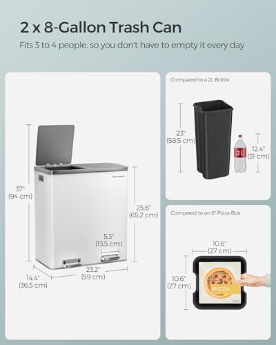 SONGMICS Trash Can, 2 x 8 Gallon (2 x 30 L), White and Gray - color: White + Gray, size: 2 x 8 Gallon