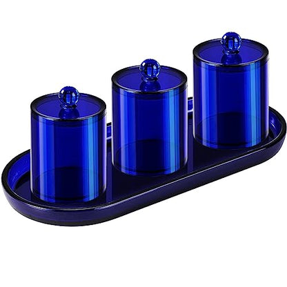 SheeChung 3 PCS Qtip Holder Bathroom Set with Tray, Acrylic Apothecary Jars - color: Blue