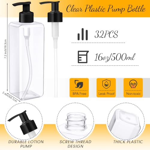 Zubebe 32 Pcs 16 oz Empty Plastic Pump Bottles Lotion Bottles with Pumps Clear Square Lotion Dispenser Refillable Shampoo Container for Massage Oil Liquid Soap Face Cream Moisturizer(Black) - color: Black