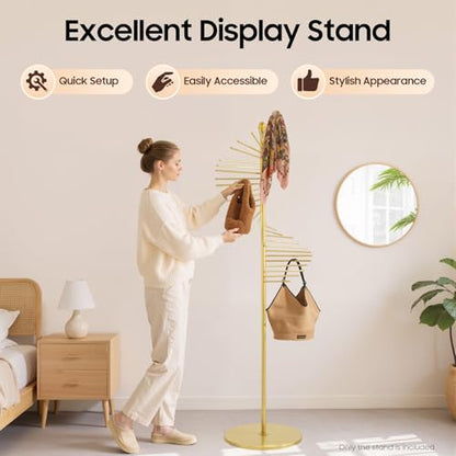 Freestanding Scarf Display Rack, Metal Spiral Scarf Holder with 30 Rods, Hijab Stand Belt Pants Hanger Organizer for Locker Room, Home, Office, Commercial Shopping Mall, Clothing Store (17X67in Gold)