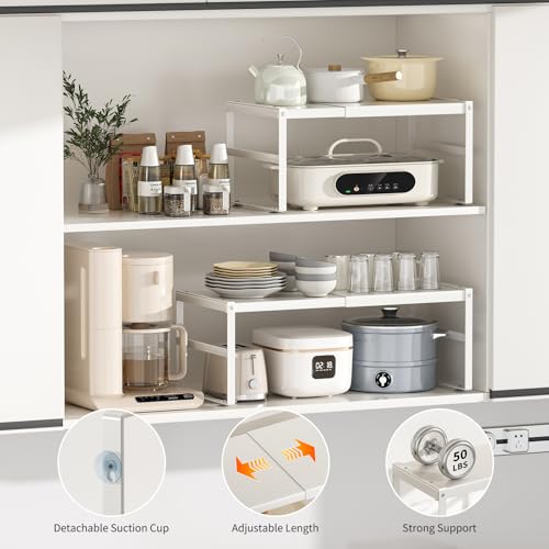 Expandable Kitchen Organizer Shelf, Cabinet Countertop Shelves - color: White