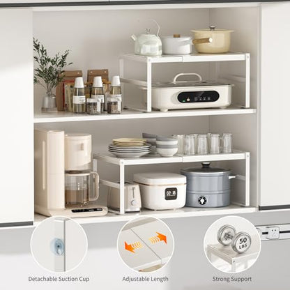 Expandable Kitchen Organizer Shelf, Cabinet Countertop Shelves - color: White
