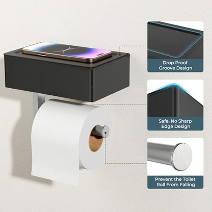 FORIOUS Toilet Paper Holder with Shelf, Wall-Mounted Modern Wipes Dispenser - color: Black & Brushed Nickel, size: Big 1 Pack-8" (L)