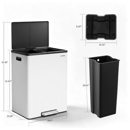 10.5 Gal Dual Compartment Stainless Steel Kitchen Trash Can with Lid, 20L+20L Recycling Garbage Bin, Soft Close Foot Pedal Trash Bin with 2 Removable Inner Buckets, Fingerprint Resistant for Home Offi - color: White, size: 2x5.25Gal