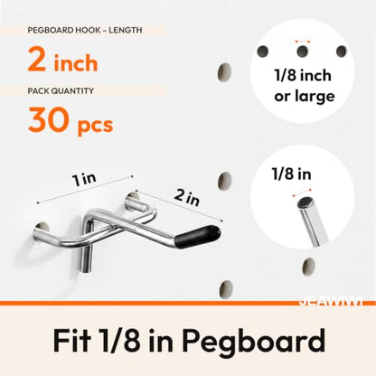 JEAWIWI 30 Pcs Metal Pegboard Hooks, 2 Inch, Fit 1/8 in Pegboard - color: Silver, size: 2in 30pcs