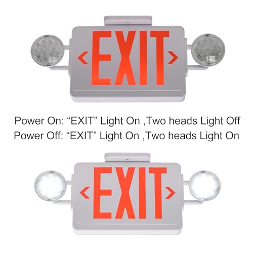 Emergency Exit Sign with Lights Battery backup, 200lm 3Hours Plug in Red Exit Signs with Emergency Lights for Business, Battery Operated,UL 924 AC85-277V - color: White Housing +Red EXIT, size: Round Heads
