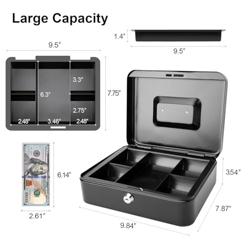 Jssmst Cash Box with Key Lock, Money Box with Cash Tray, Lock Box, Black, Large - color: Black, size: L(9.84")