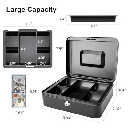 Jssmst Cash Box with Key Lock, Money Box with Cash Tray, Lock Box, Black, Large - color: Black, size: L(9.84")