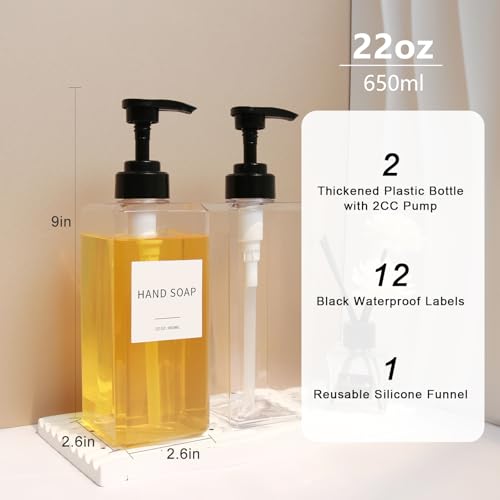 Clear Soap Dispenser with Waterproof Labels, Thickened Plastic Hand Soap Dispenser for Bathroom, Kitchen Dish Washing Liquid Bottles, Shampoo and Conditioner Bottles with Funnel (22oz 2Pack Clear) - color: 22oz 2pack Clear