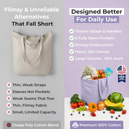 VeraMia Canvas Grocery Bag 3pc XL Set with Real Pockets, Long Shoulder Strap and Short Handle. Heavy Duty, Foldable, Washable - color: Lavender