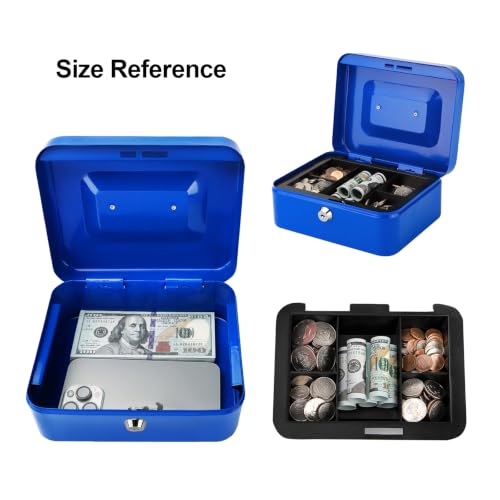 Jssmst Locking Medium Steel Cash Box with Money Tray,Lock Box,Blue - color: Blue, size: M(7.87")