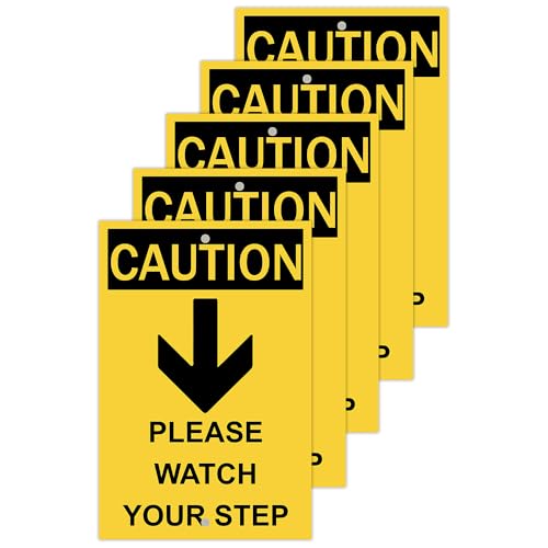 Caution Please Watch Your Step Sign - Rust Free, Caution Warning Signs for Outside, Home and Business - UV Protected, Waterproof and Easy to Install - 2 Pre-drilled Holes - color: Pack of 5, size: 8"x12"
