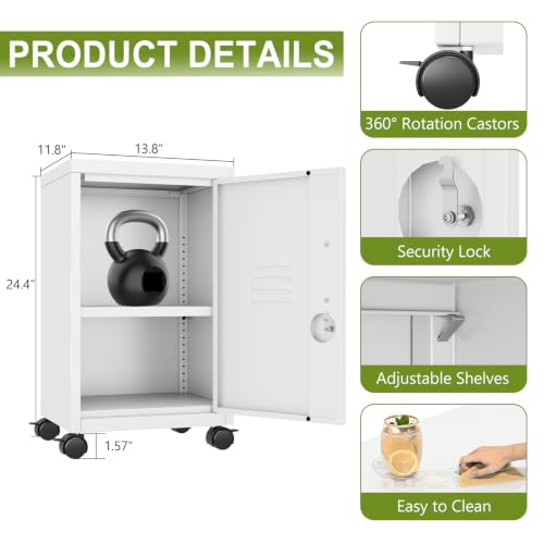 pozdeg 24.4" H White Lockable Rolling Metal Storage Locker - color: White, size: 11.8"D x 13.8"W x 24.4"H