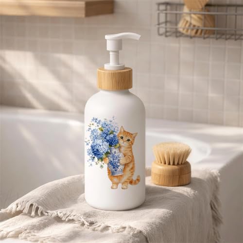 Chinoiserie Hydrangea Cat Glass Soap Dispenser with Pump - color: Hydrangea Cat