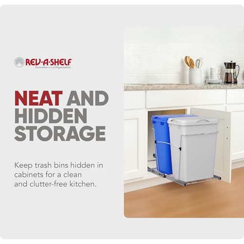 Rev-A-Shelf Double Pullout Garbage Trash Cans for Kitchen Cabinets, 35 Qt - color: White & Blue