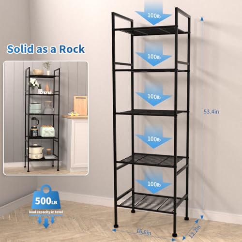 SUNLPH 5-Tier Wire Shelving Metal Rack Shelves, Standing Storage Shelf Units Flat for Laundry Bathroom Kitchen Pantry Closet Organization (Black, 16.9" L x 12.2" W x 53.4" H)