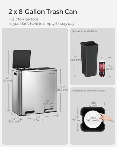SONGMICS Trash Can, 2 x 8 Gallon (2 x 30 L), Silver and Black - color: Silver + Black, size: 2 x 8 Gallon
