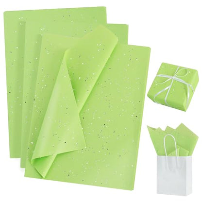 BEISHIDA 50 Sheets Green Glitter Tissue Paper Bulk, Glitter Tissue Wrapping Paper for Gift Bags, 14 x 20 Inch Gift Wrap for Birthday Wedding Graduation DIY Crafts Holiday Flowers - color: lightgreen