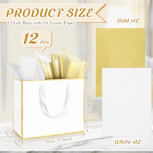ReliThick 12 Pack Paper Gift Bag with Handles & Tissue, White, Gold - color: White, Gold