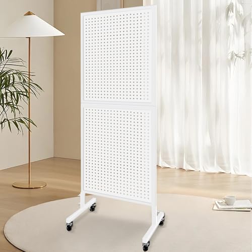 Royxen 2' x 5.6' Large Standing Pegboard Display with T-Base, Metal Pegboard Display Stand with 30 Hooks, Peg Board Panels with Wheels for Vendors, Home and Retail Store (White) - color: White