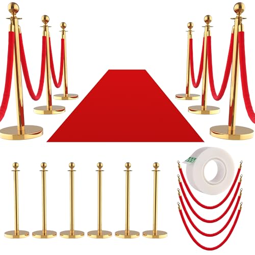 GarveeTech GarveeLife 6Pcs Stainless Steel Stanchion Posts with 5ft Red Velvet Ropes - Crowd Control Barriers & Queue Line Kit with 26ft Red Carpet for Wedding, Party, Theater Supplies - color: Gold, size: 6Pack with 26FT Red Carpet