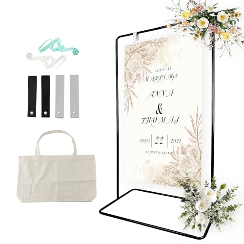 Wedding Sign Holder, Adjustable Welcome Sign Stand w/ Leather Hanging Strap, Satin Ribbon & Carry-on Bag, Heavy Duty Easel Stand for Wedding Seating Chart, Display & Poster - color: Black