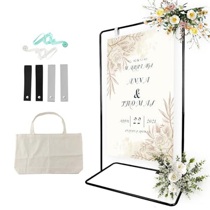 Wedding Sign Holder, Adjustable Welcome Sign Stand w/ Leather Hanging Strap, Satin Ribbon & Carry-on Bag, Heavy Duty Easel Stand for Wedding Seating Chart, Display & Poster - color: Black