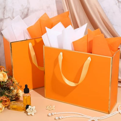 ReliThick 12 Pack Paper Gift Bag with Handles & Tissue, Orange, Gold - color: Orange, Gold