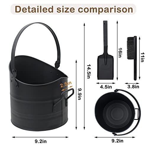 Poofzy Ash Bucket for Fireplace, 2.6 Gallon Metal Fireplace Ash Bucket for Wood Stove, Includes Shovel, Broom and Gloves Indoor & Outdoor - size: 2.6 Gallon (Black)