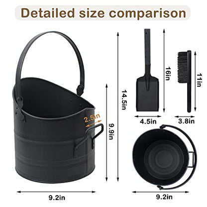 Poofzy Ash Bucket for Fireplace, 2.6 Gallon Metal Fireplace Ash Bucket for Wood Stove, Includes Shovel, Broom and Gloves Indoor & Outdoor - size: 2.6 Gallon (Black)