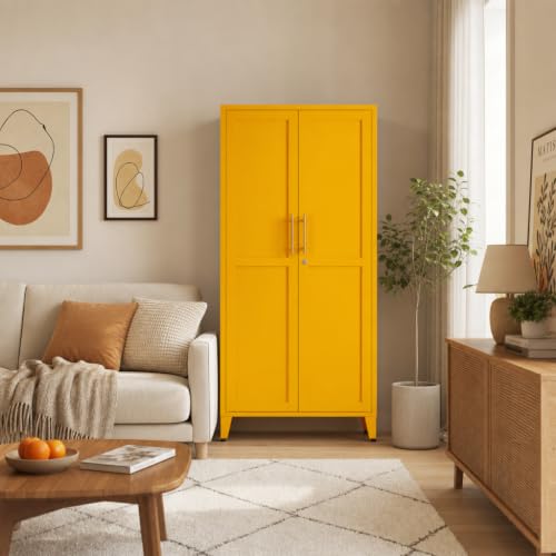 61" Tall Yellow Lockable Metal Storage Cabinet, Farmhouse Pantry Cabinet with 2 Square-Pattern Doors & 3 Adjustable Shelves, Freestanding Cupboard with Legs for Home, Office, Laundry, Entryway - color: Mustard, style: Cabinet-61"H-DL